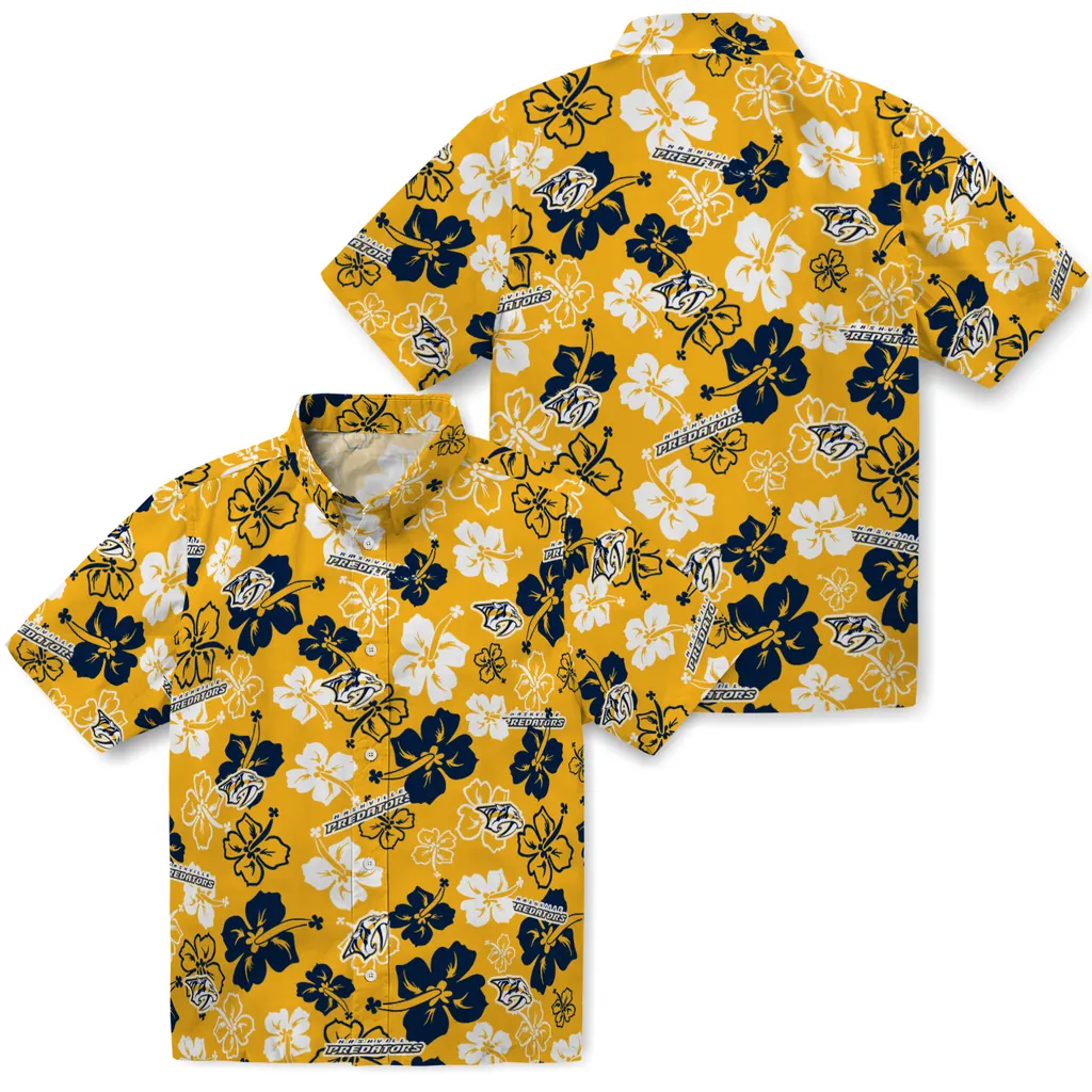 Nashville Predators Hawaiian Shirt - Hibiscus Flower Design nashville predators hibiscus bloom gold hawaiian shirts high quality