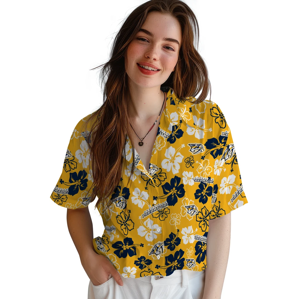 Nashville Predators Hawaiian Shirt - Hibiscus Flower Design nashville predators hibiscus bloom gold hawaiian shirts latest model