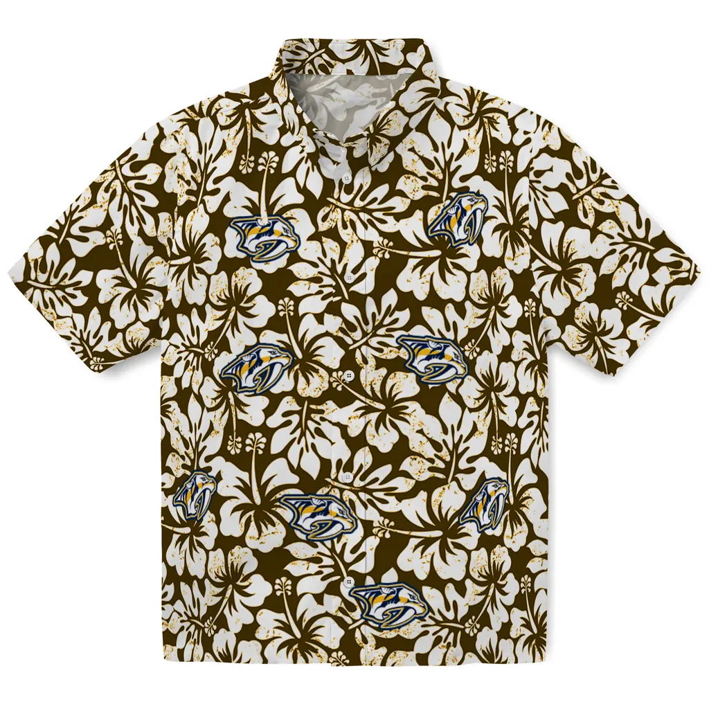 Nashville Predators Hawaiian Shirt - Hibiscus Motif nashville predators hibiscus motif gold white hawaiian shirts best selling