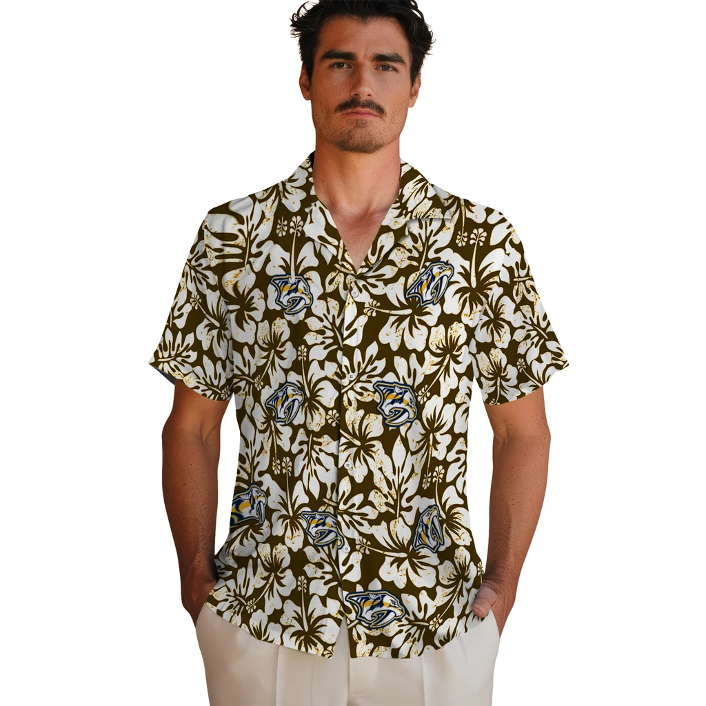 Nashville Predators Hawaiian Shirt - Hibiscus Motif nashville predators hibiscus motif gold white hawaiian shirts fashion forward
