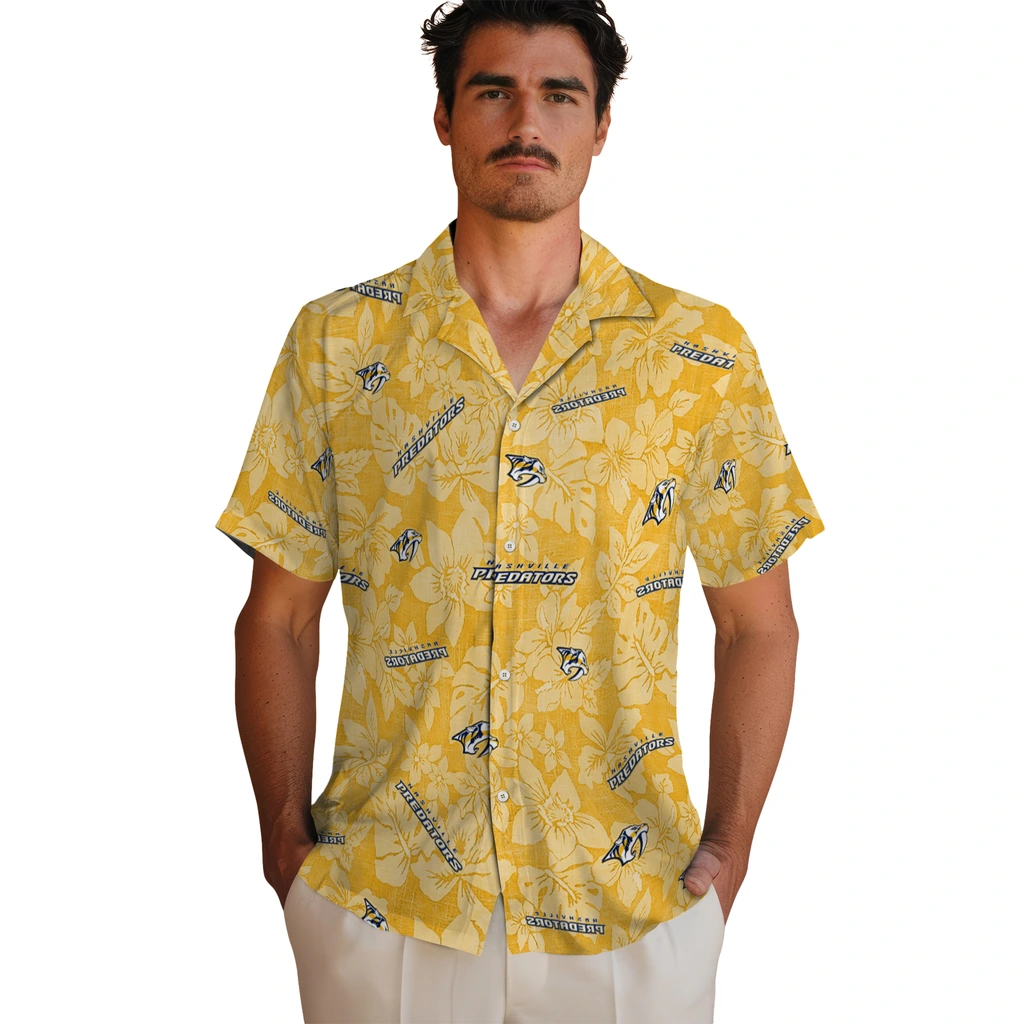 Nashville Predators Hawaiian Shirt - Hibiscus Oasis nashville predators hibiscus oasis gold hawaiian shirts fashion forward
