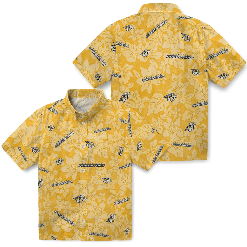 Nashville Predators Hawaiian Shirt - Hibiscus Oasis nashville predators hibiscus oasis gold hawaiian shirts high quality