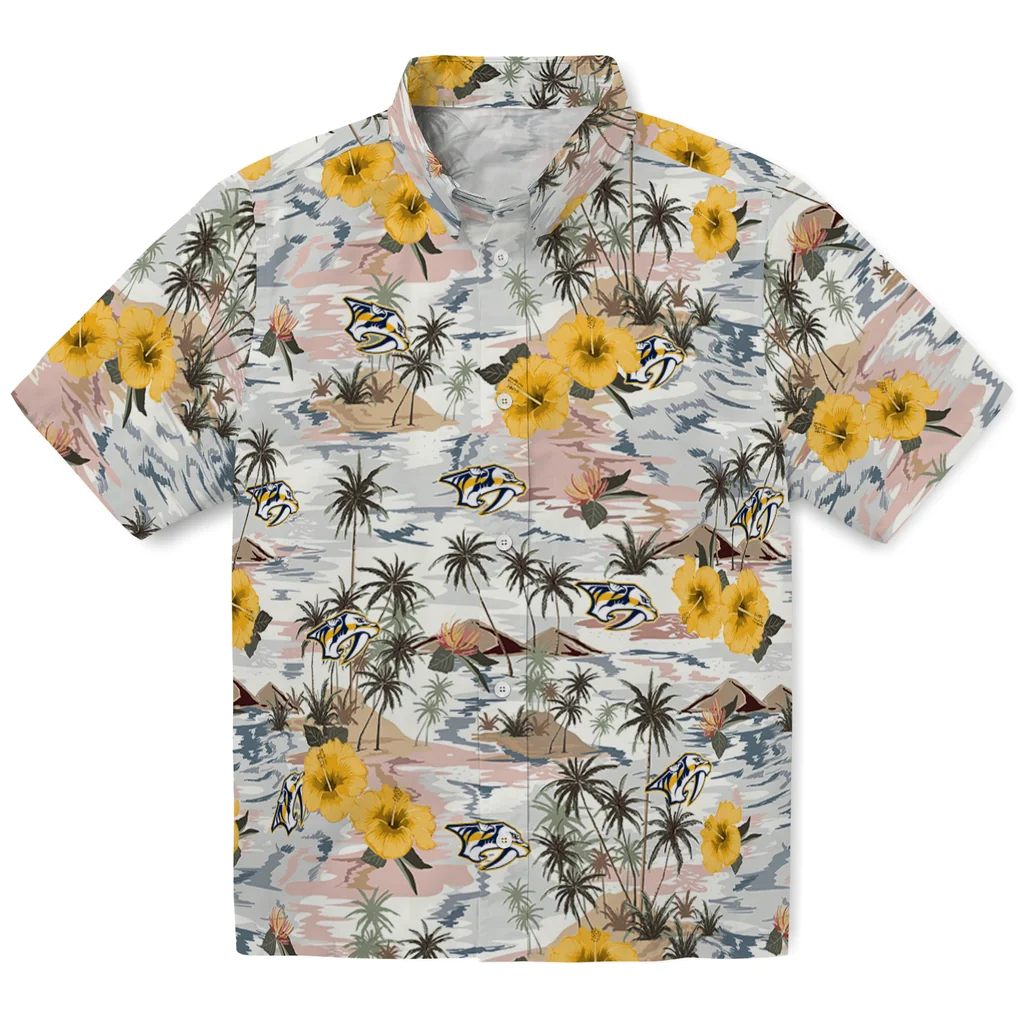 Nashville Predators Hawaiian Shirt - Hibiscus Seaside nashville predators hibiscus seaside white hawaiian shirts best selling