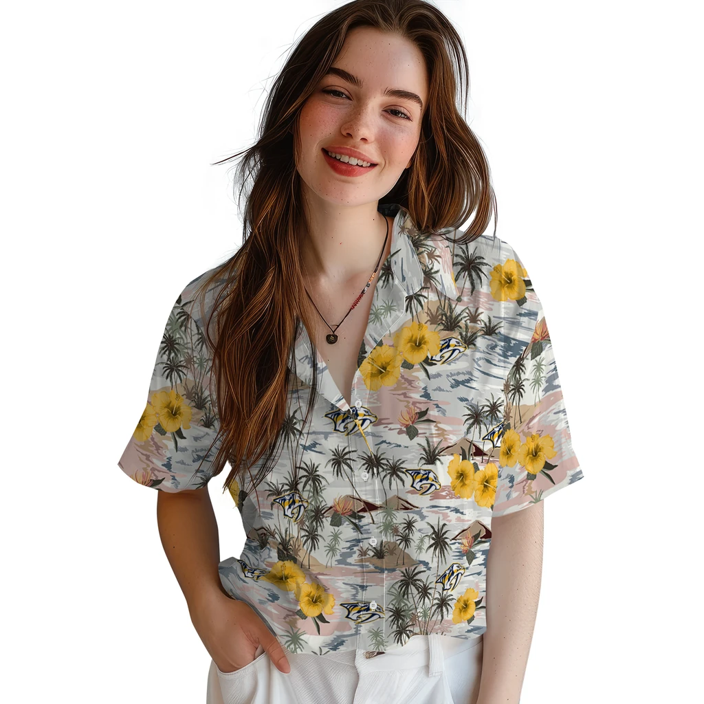 Nashville Predators Hawaiian Shirt - Hibiscus Seaside nashville predators hibiscus seaside white hawaiian shirts latest model