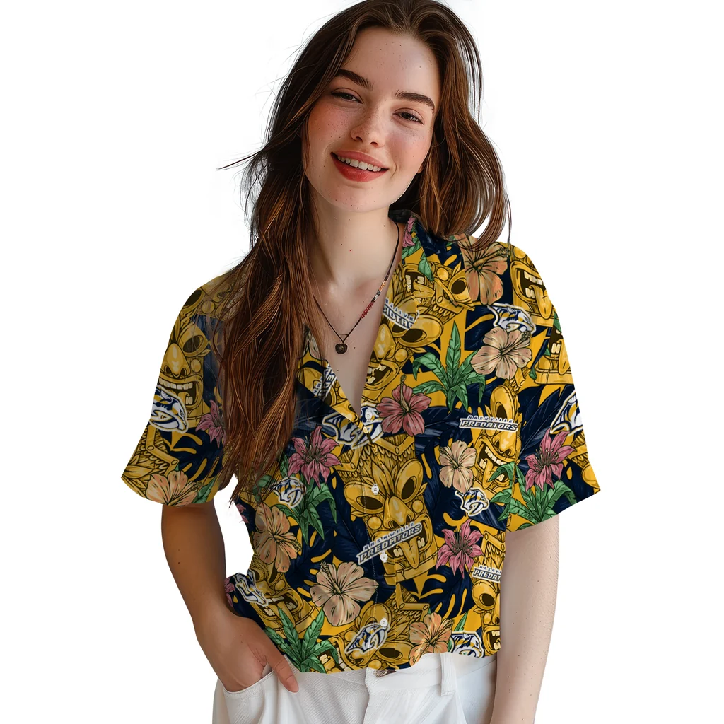 Nashville Predators Hawaiian Shirt - Hibiscus Tiki Jungle nashville predators tiki jungle gold hawaiian shirts latest model