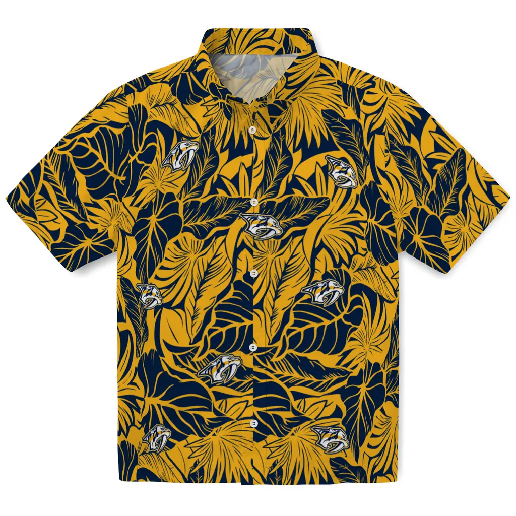 Nashville Predators Hawaiian Shirt - Monstera Layer nashville predators monstera layer gold hawaiian shirts best selling