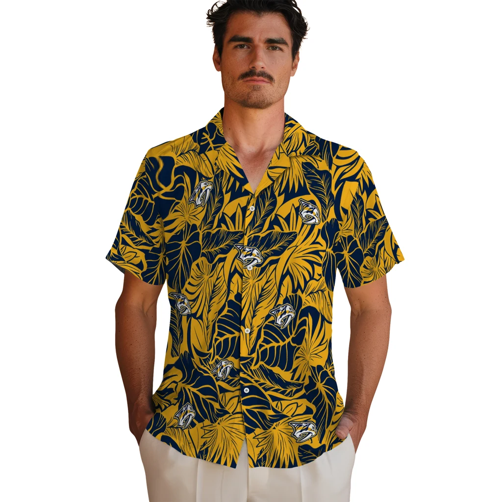 Nashville Predators Hawaiian Shirt - Monstera Layer nashville predators monstera layer gold hawaiian shirts fashion forward