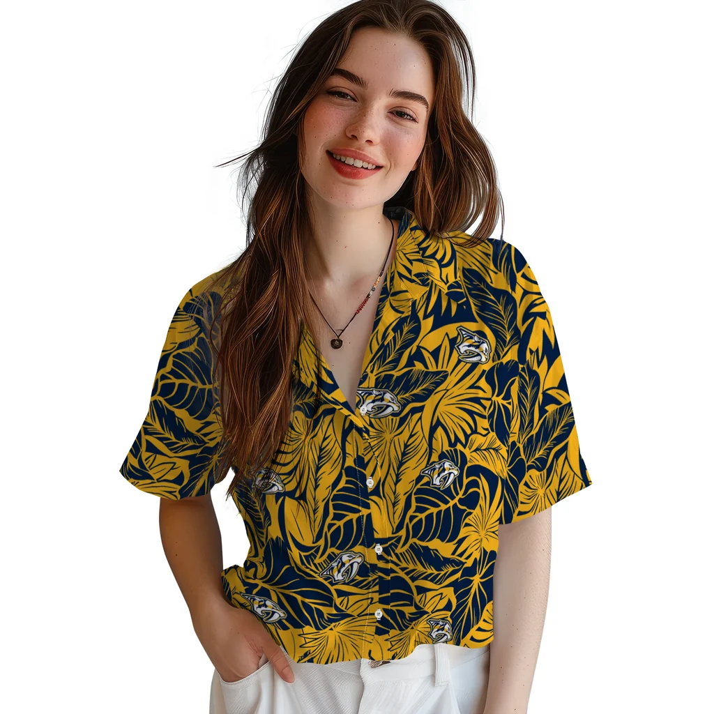 Nashville Predators Hawaiian Shirt - Monstera Layer nashville predators monstera layer gold hawaiian shirts latest model