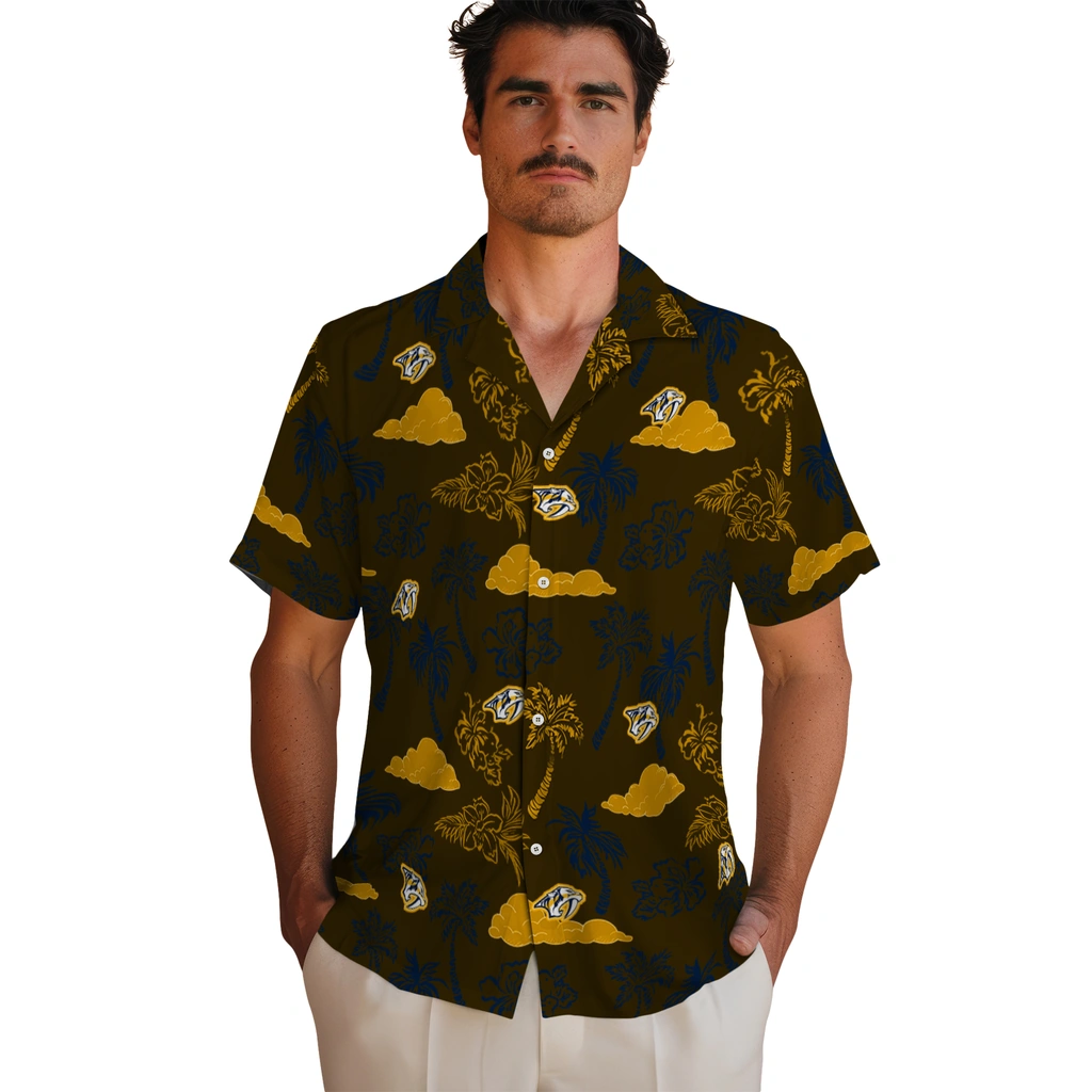 Nashville Predators Hawaiian Shirt - Palm And Clouds nashville predators palm and clouds gold hawaiian shirts fashion forward