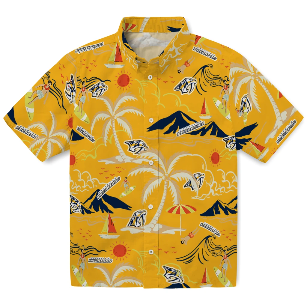Nashville Predators Hawaiian Shirt - Palm Tree Island nashville predators palm tree island gold hawaiian shirts best selling