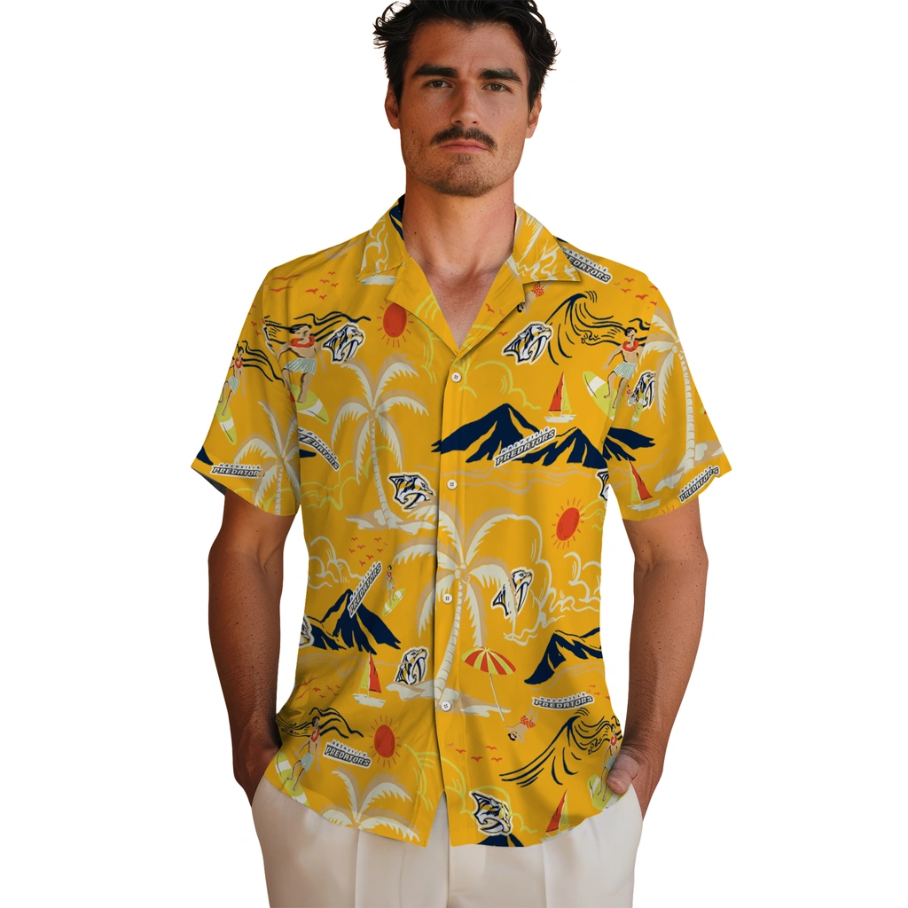 Nashville Predators Hawaiian Shirt - Palm Tree Island nashville predators palm tree island gold hawaiian shirts fashion forward
