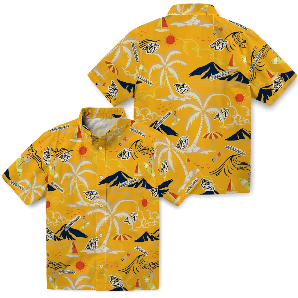 Nashville Predators Hawaiian Shirt - Palm Tree Island nashville predators palm tree island gold hawaiian shirts high quality