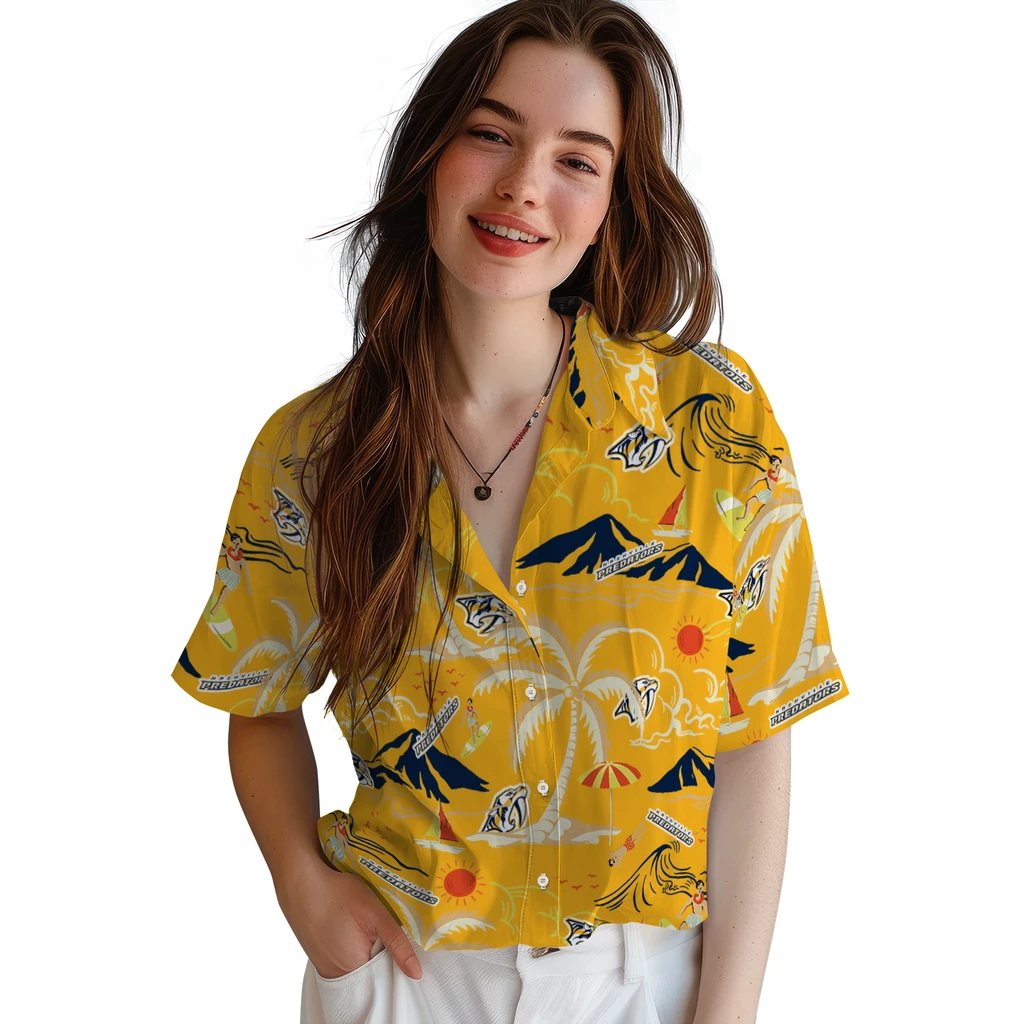 Nashville Predators Hawaiian Shirt - Palm Tree Island nashville predators palm tree island gold hawaiian shirts latest model