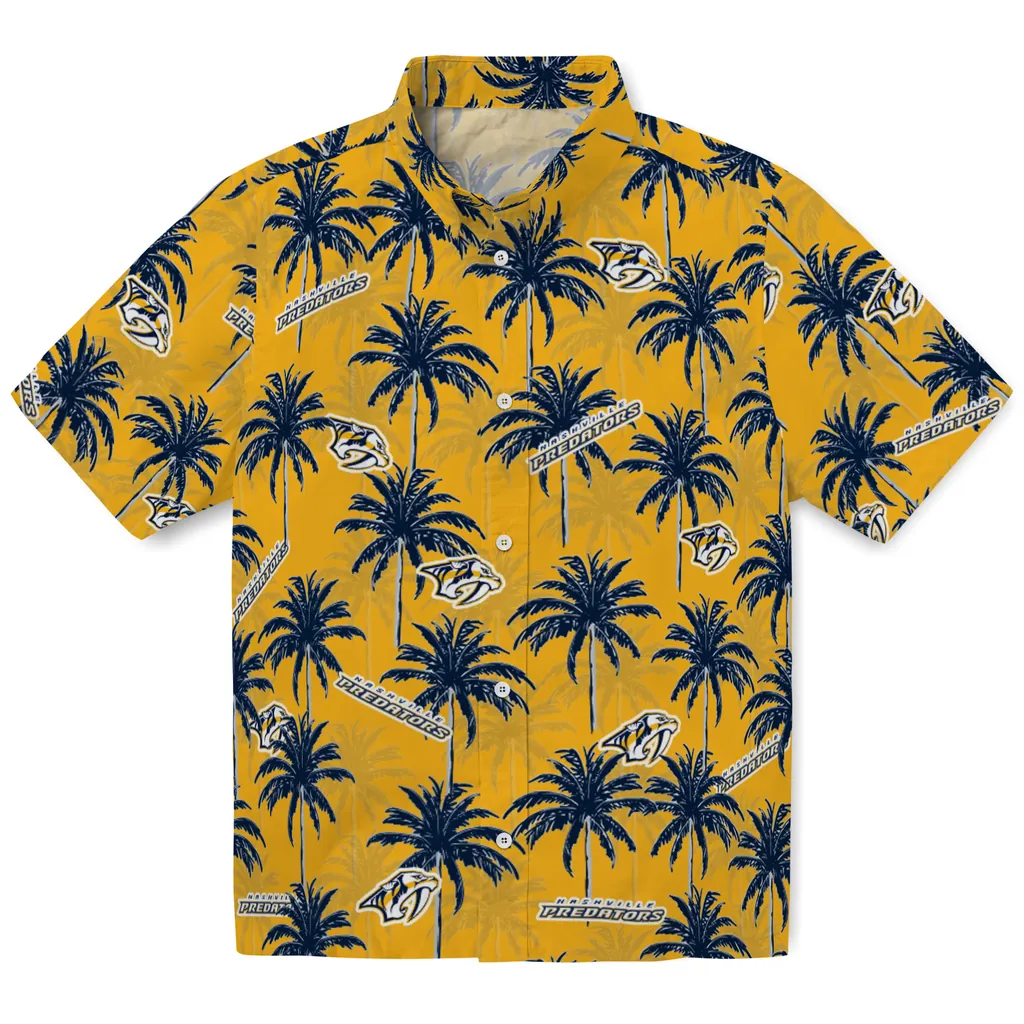 Nashville Predators Hawaiian Shirt - Palm Tree Motif nashville predators palm grove gold hawaiian shirts best selling