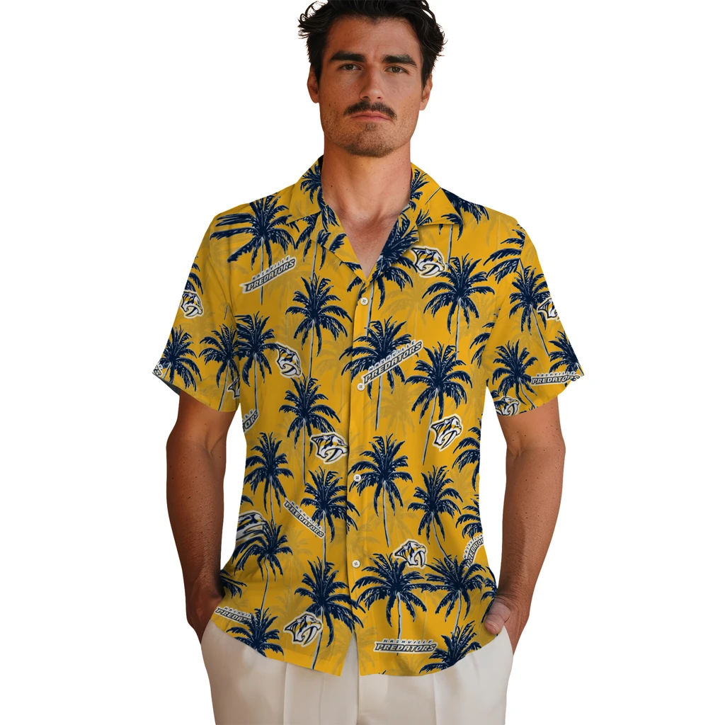Nashville Predators Hawaiian Shirt - Palm Tree Motif nashville predators palm grove gold hawaiian shirts fashion forward