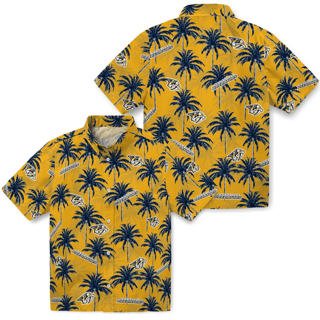 Nashville Predators Hawaiian Shirt - Palm Tree Motif nashville predators palm grove gold hawaiian shirts high quality