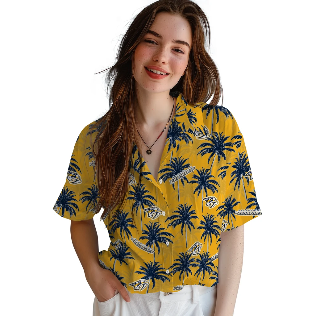 Nashville Predators Hawaiian Shirt - Palm Tree Motif nashville predators palm grove gold hawaiian shirts latest model