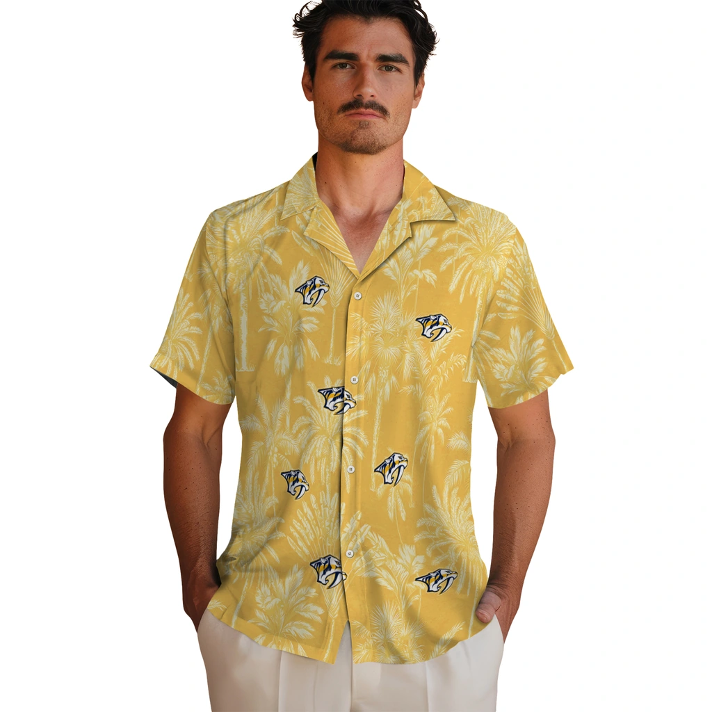 Nashville Predators Hawaiian Shirt - Vintage Palm Tree nashville predators palm shadows gold hawaiian shirts fashion forward