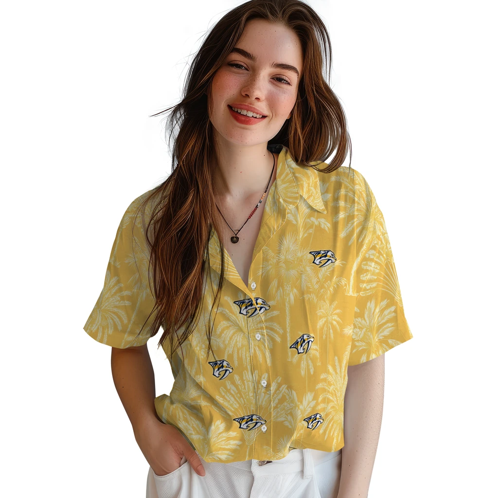 Nashville Predators Hawaiian Shirt - Vintage Palm Tree nashville predators palm shadows gold hawaiian shirts latest model