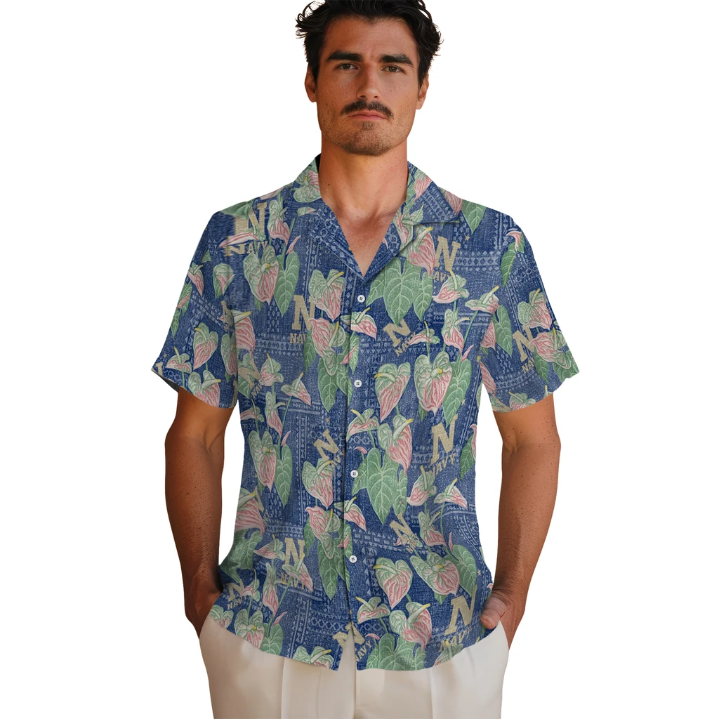 Navy Midshipmen Hawaiian Shirt - Anthurium Overlay navy midshipmen anthurium overlay blue hawaiian shirts fashion forward