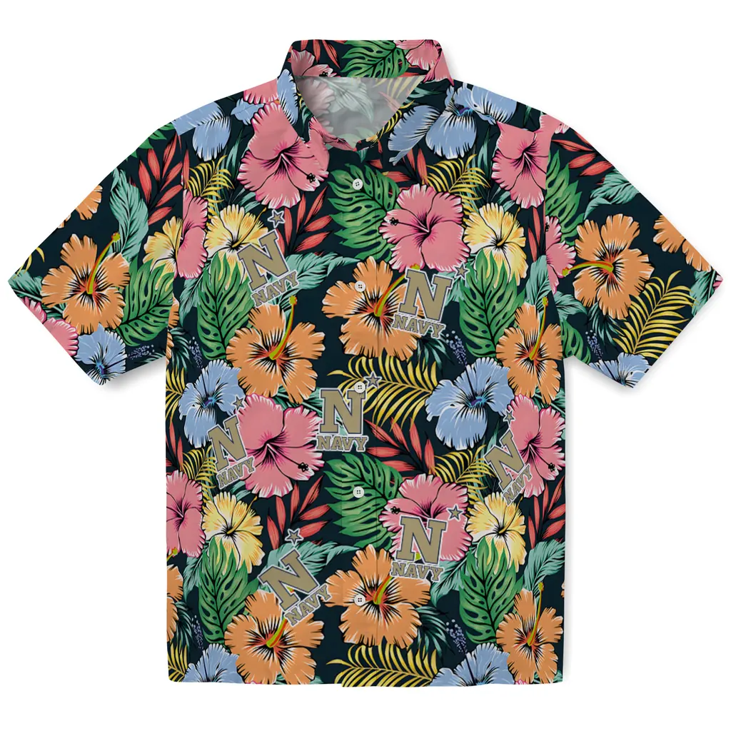 Navy Midshipmen Hawaiian Shirt - Brilliant Hibiscus Garden navy midshipmen brilliant hibiscus garden hawaiian shirts best selling