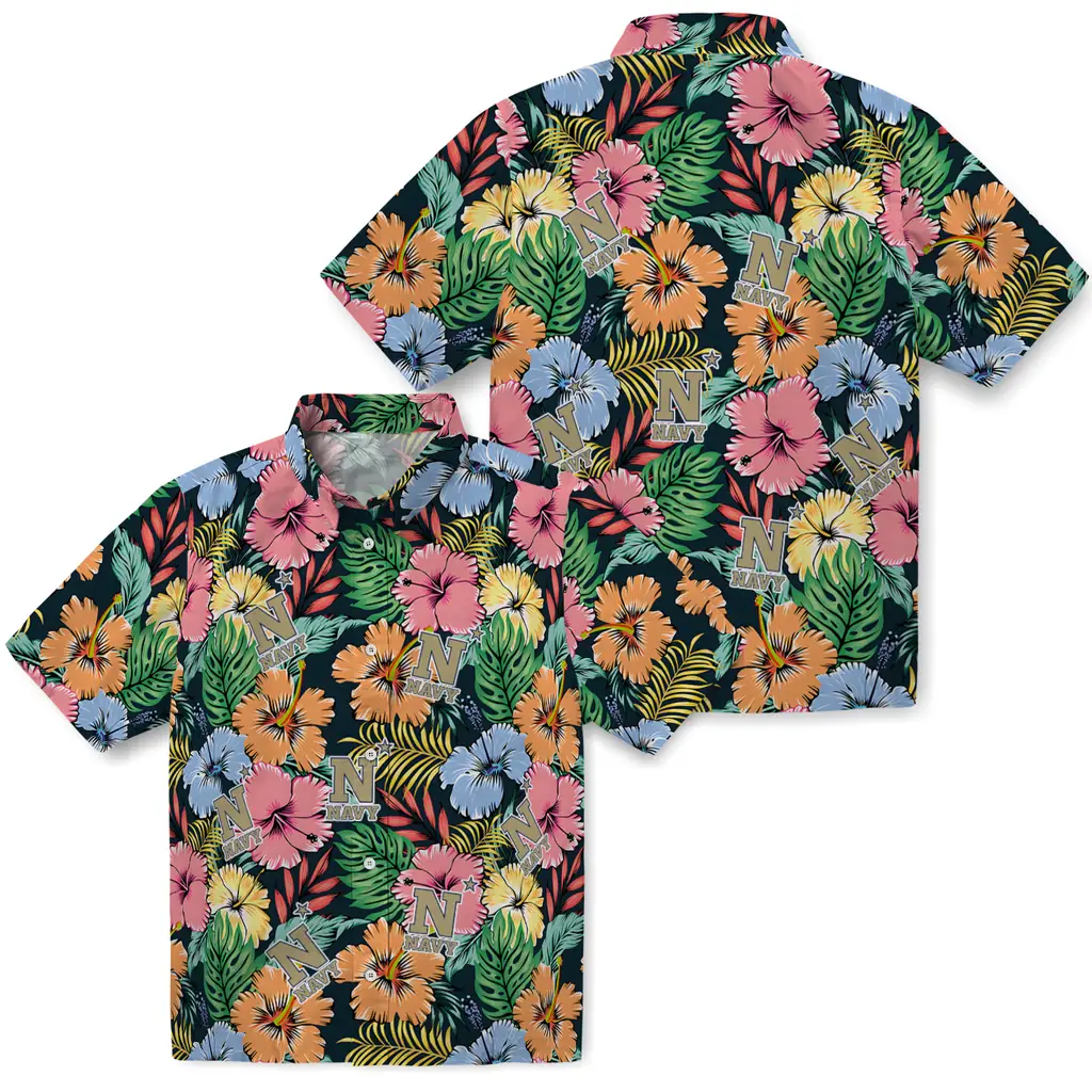 Navy Midshipmen Hawaiian Shirt - Brilliant Hibiscus Garden navy midshipmen brilliant hibiscus garden hawaiian shirts high quality