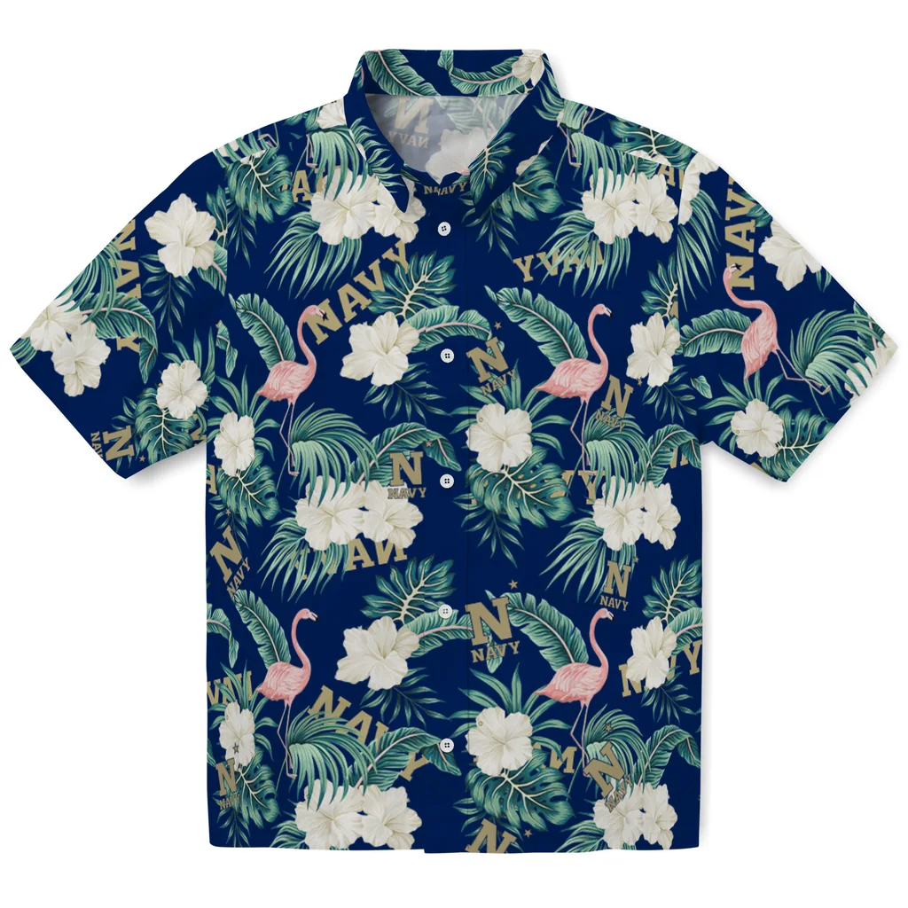 Navy Midshipmen Hawaiian Shirt - Flamingo and Hibiscus navy midshipmen flamingo palms blue hawaiian shirts best selling