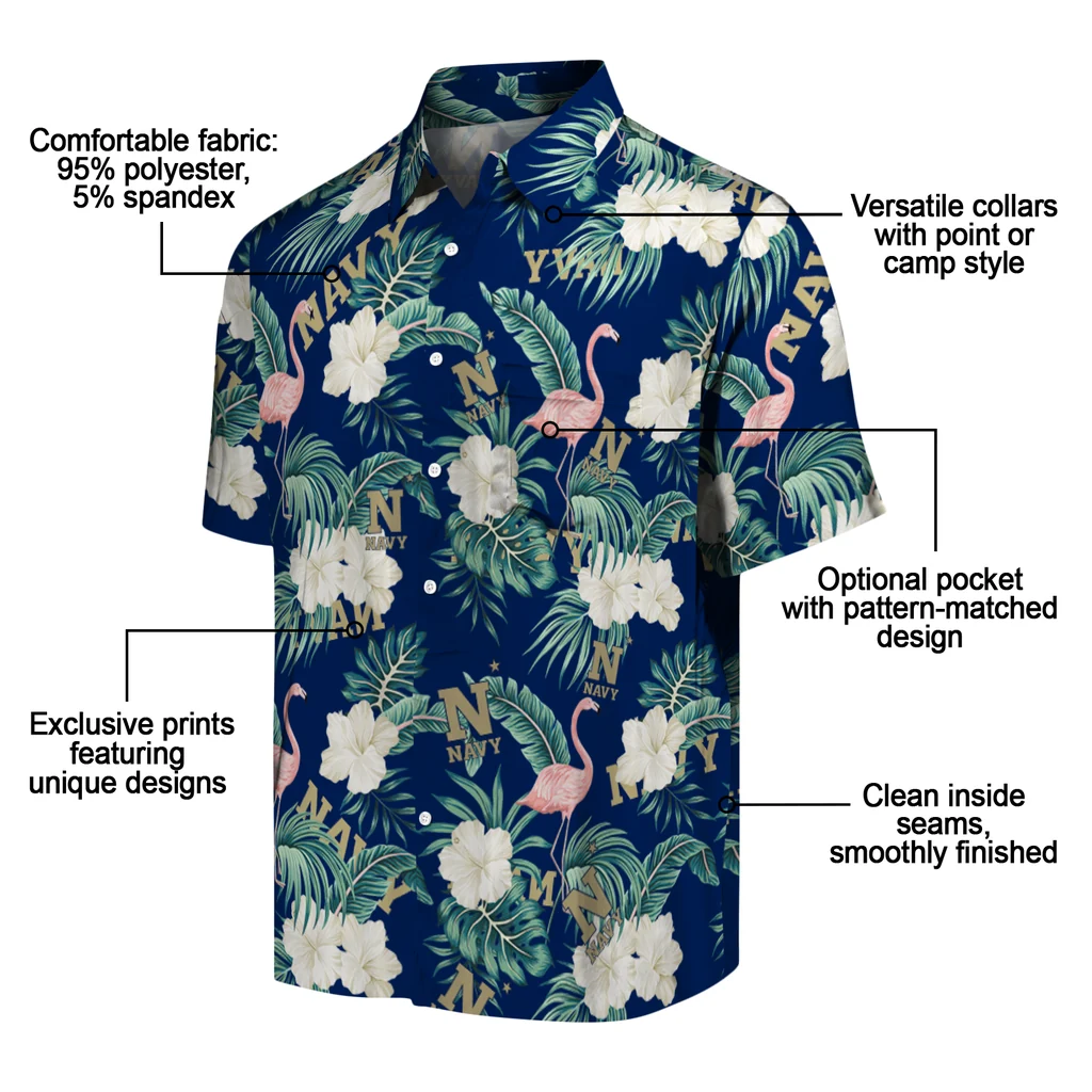 Navy Midshipmen Hawaiian Shirt - Flamingo and Hibiscus navy midshipmen flamingo palms blue hawaiian shirts new arrival