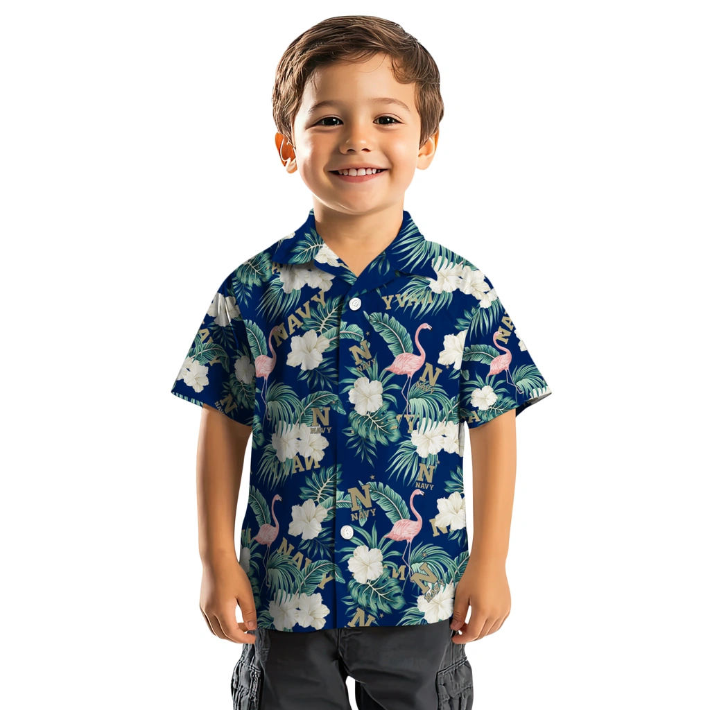 Navy Midshipmen Hawaiian Shirt - Flamingo and Hibiscus navy midshipmen flamingo palms blue hawaiian shirts top rated