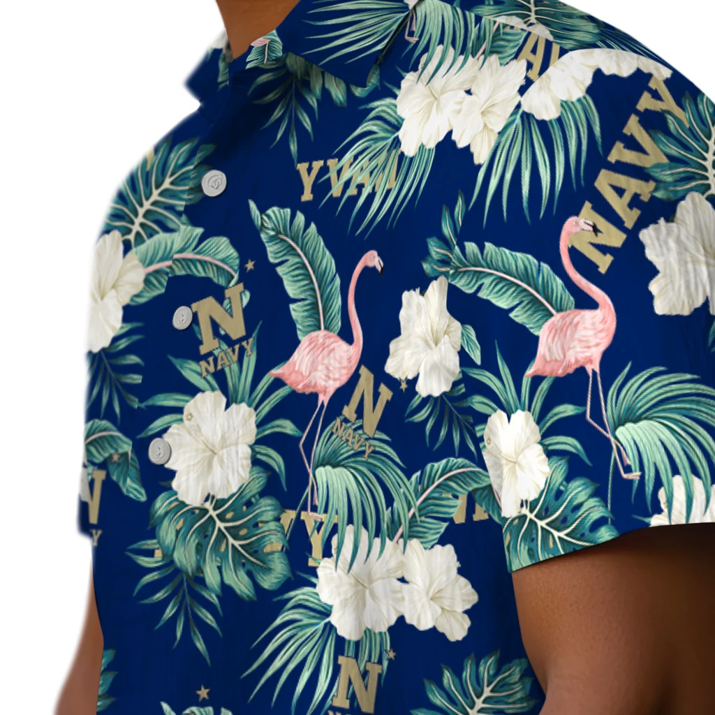 Navy Midshipmen Hawaiian Shirt - Flamingo and Hibiscus navy midshipmen flamingo palms blue hawaiian shirts trendy