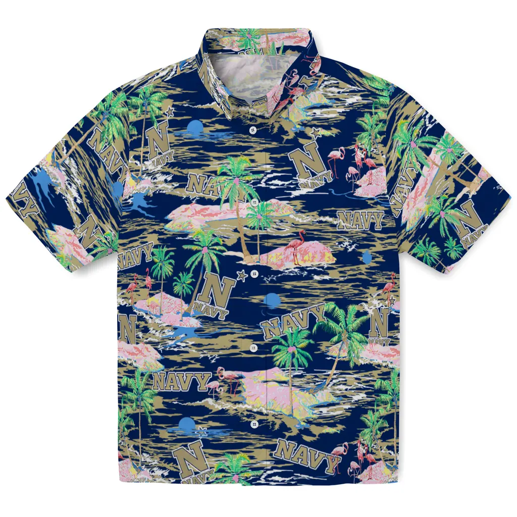 Navy Midshipmen Hawaiian Shirt - Hawaii Island navy midshipmen flamingo retreat blue hawaiian shirts best selling