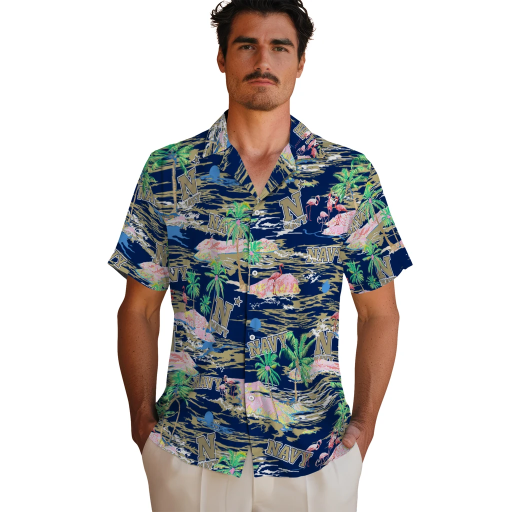 Navy Midshipmen Hawaiian Shirt - Hawaii Island navy midshipmen flamingo retreat blue hawaiian shirts fashion forward