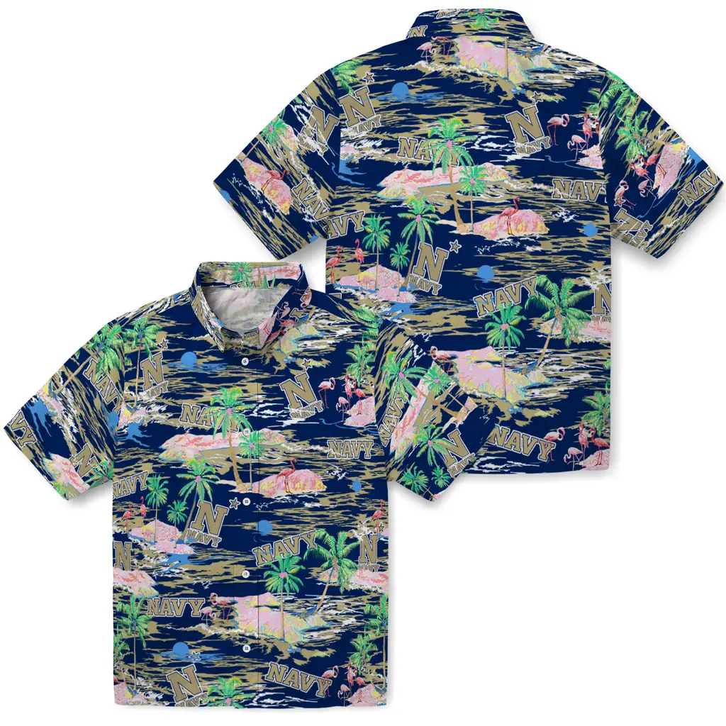 Navy Midshipmen Hawaiian Shirt - Hawaii Island navy midshipmen flamingo retreat blue hawaiian shirts high quality