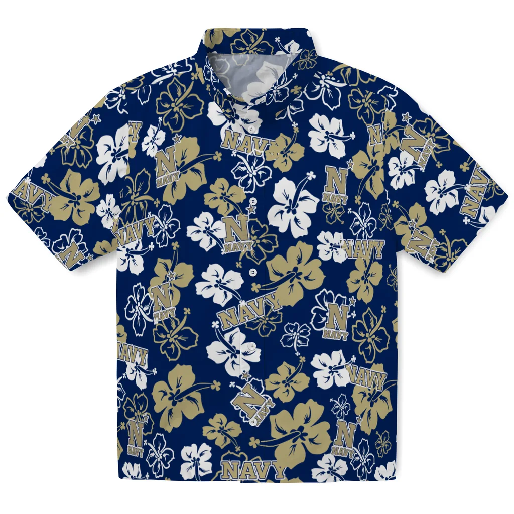 Navy Midshipmen Hawaiian Shirt - Hibiscus Flower Design navy midshipmen hibiscus bloom blue hawaiian shirts best selling