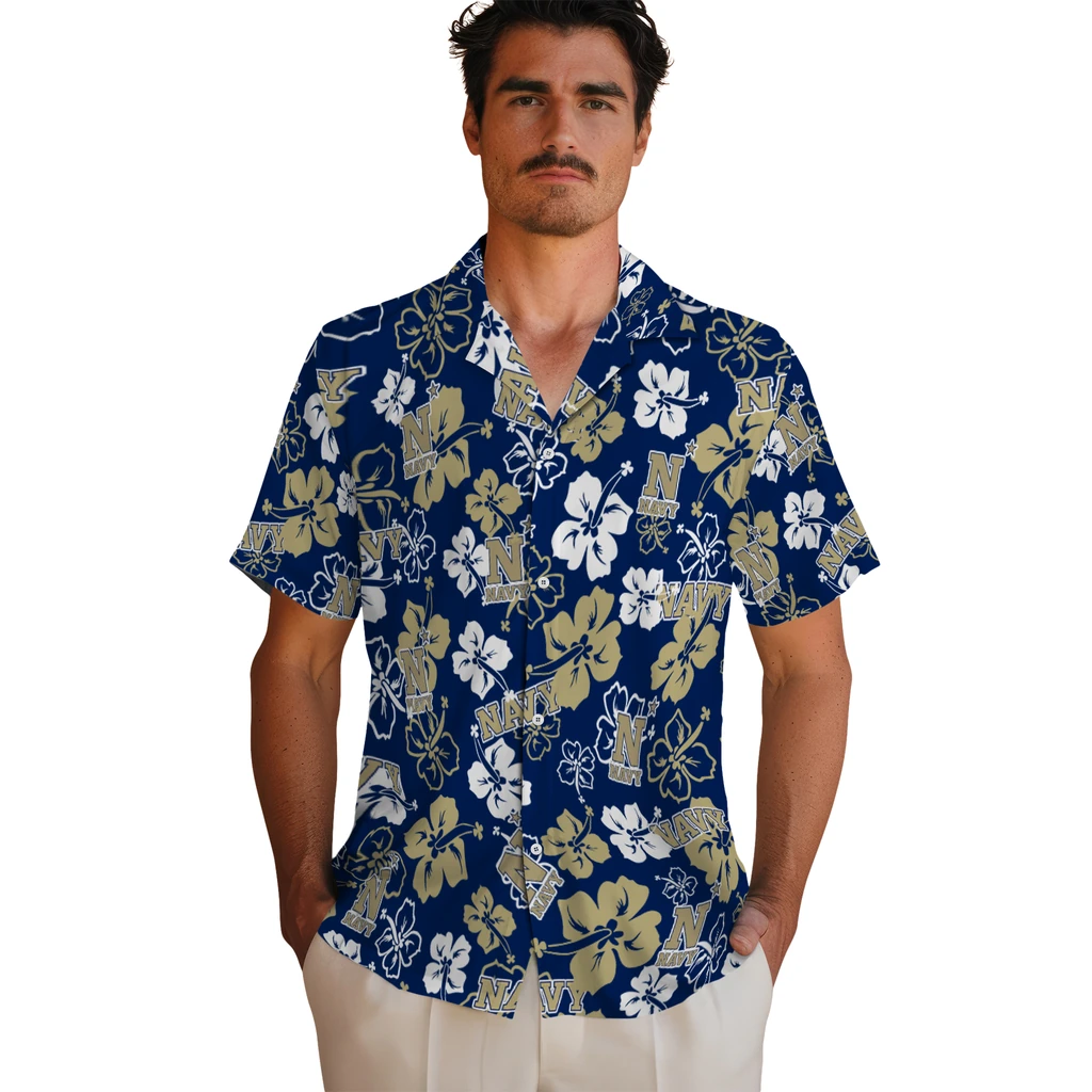 Navy Midshipmen Hawaiian Shirt - Hibiscus Flower Design navy midshipmen hibiscus bloom blue hawaiian shirts fashion forward