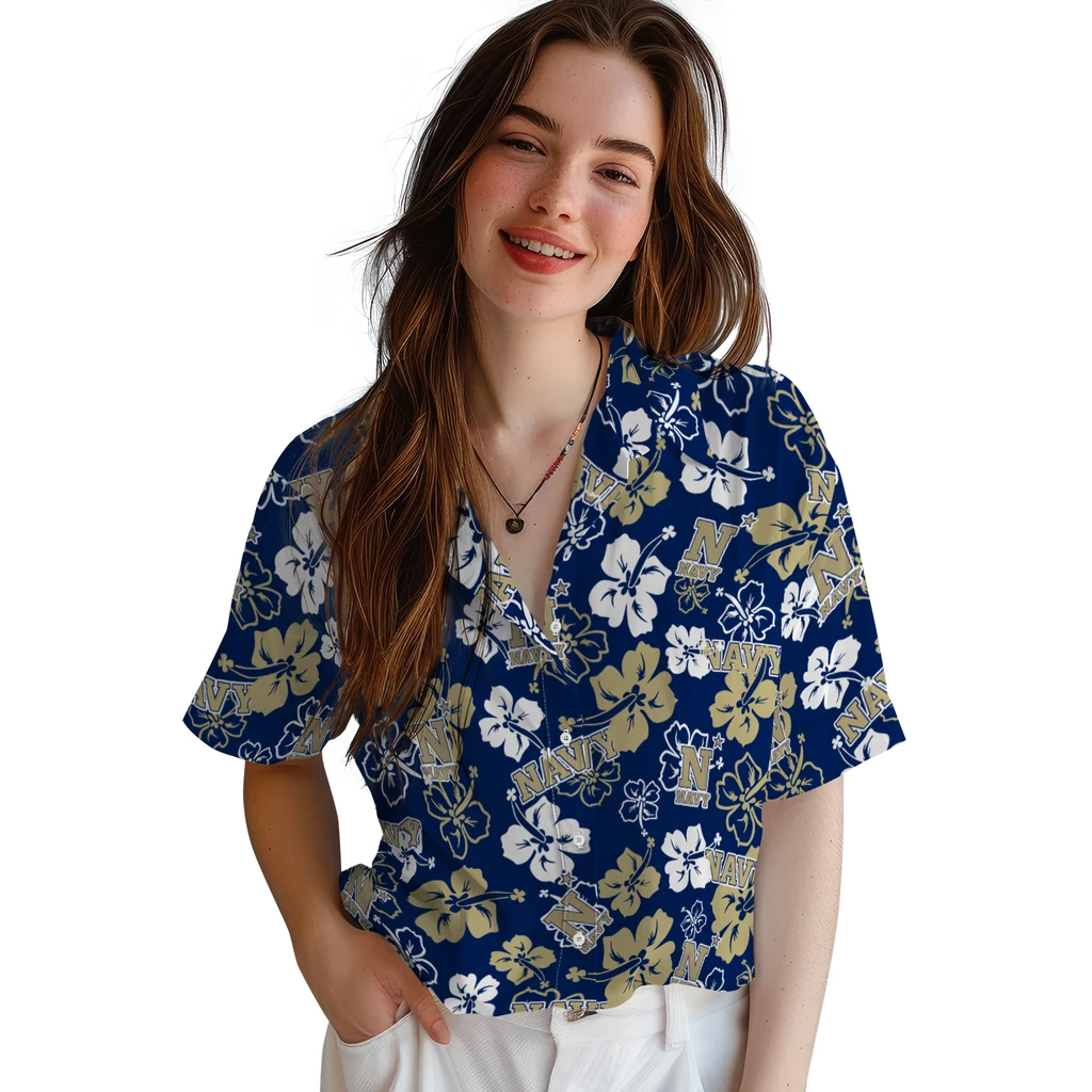 Navy Midshipmen Hawaiian Shirt - Hibiscus Flower Design navy midshipmen hibiscus bloom blue hawaiian shirts latest model