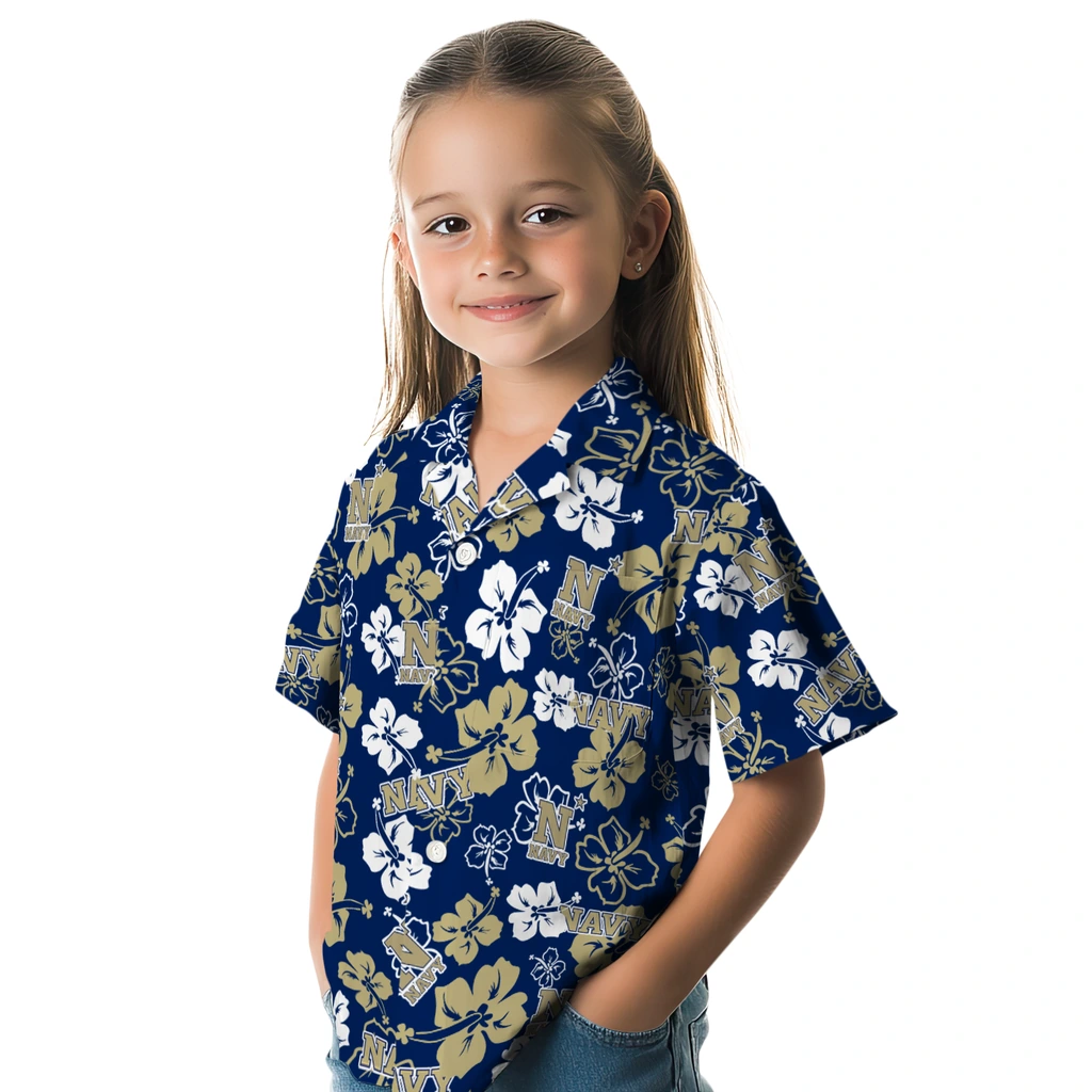 Navy Midshipmen Hawaiian Shirt - Hibiscus Flower Design navy midshipmen hibiscus bloom blue hawaiian shirts premium grade