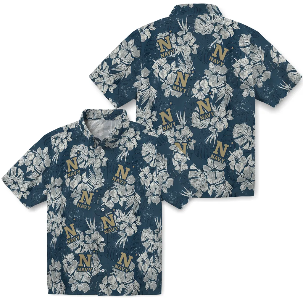 Navy Midshipmen Hawaiian Shirt - Hibiscus Flowers navy midshipmen hibiscus flowers navy blue hawaiian shirts high quality