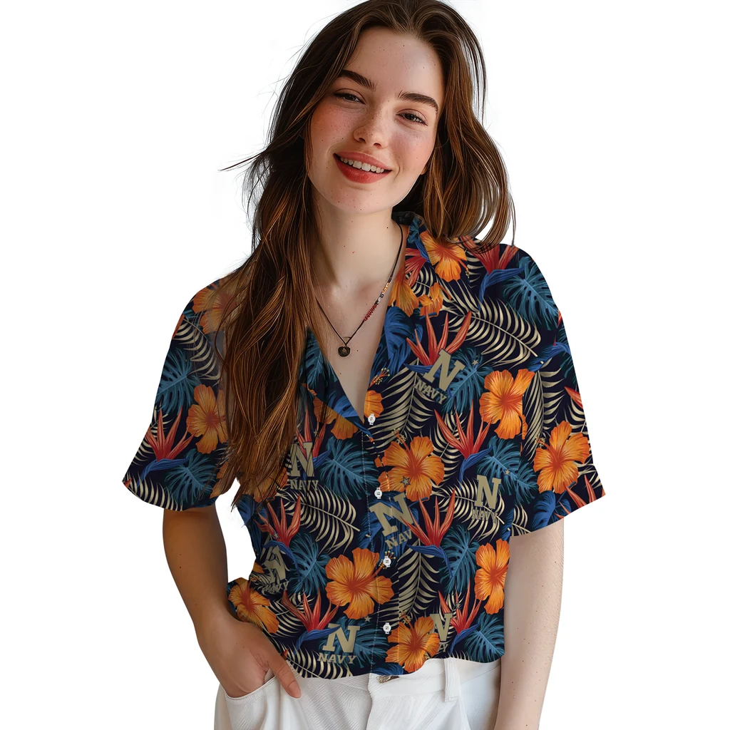 Navy Midshipmen Hawaiian Shirt - Hibiscus Foliage navy midshipmen hibiscus foliage hawaiian shirts latest model