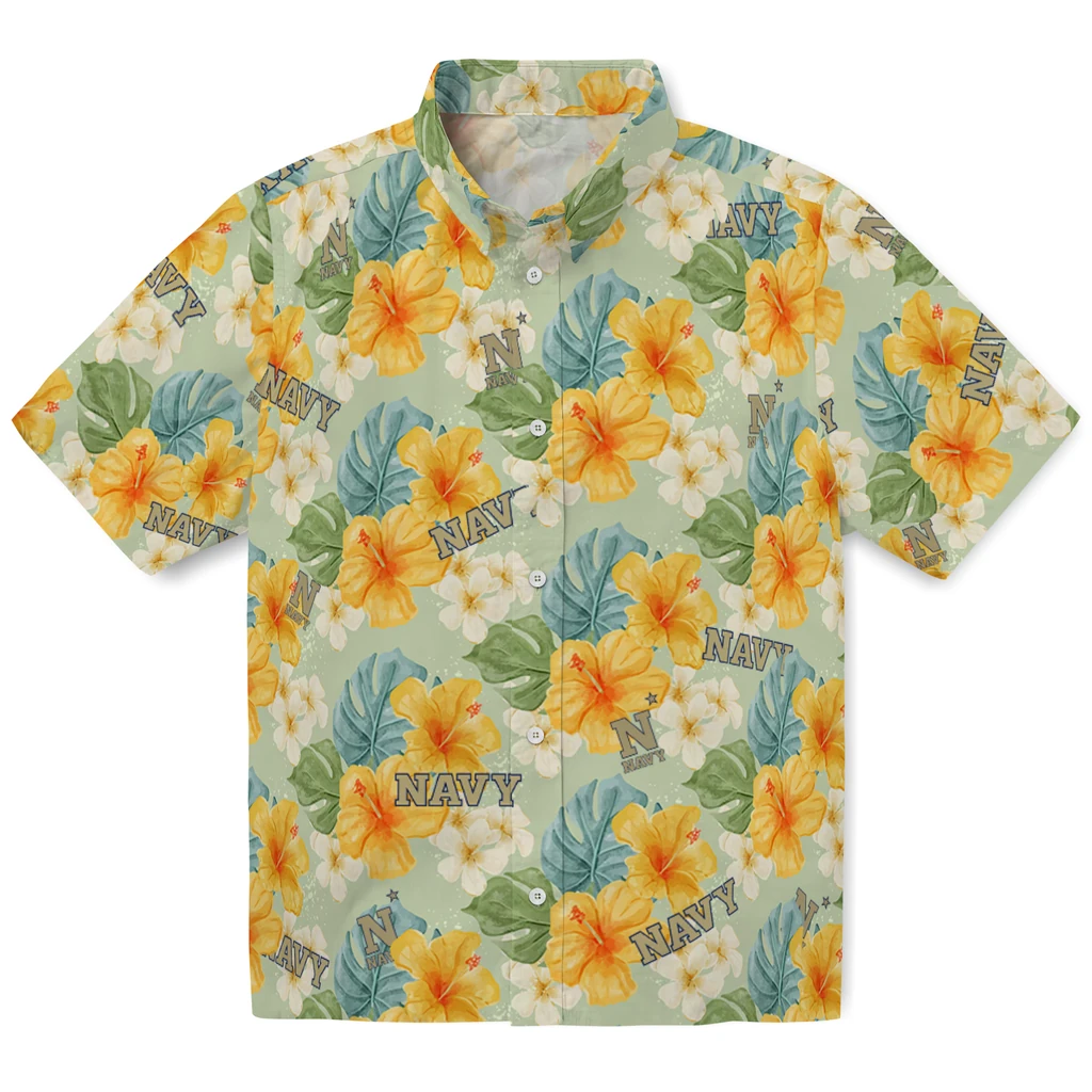 Navy Midshipmen Hawaiian Shirt - Hibiscus Mood navy midshipmen hibiscus mood pale lime yellow hawaiian shirts best selling