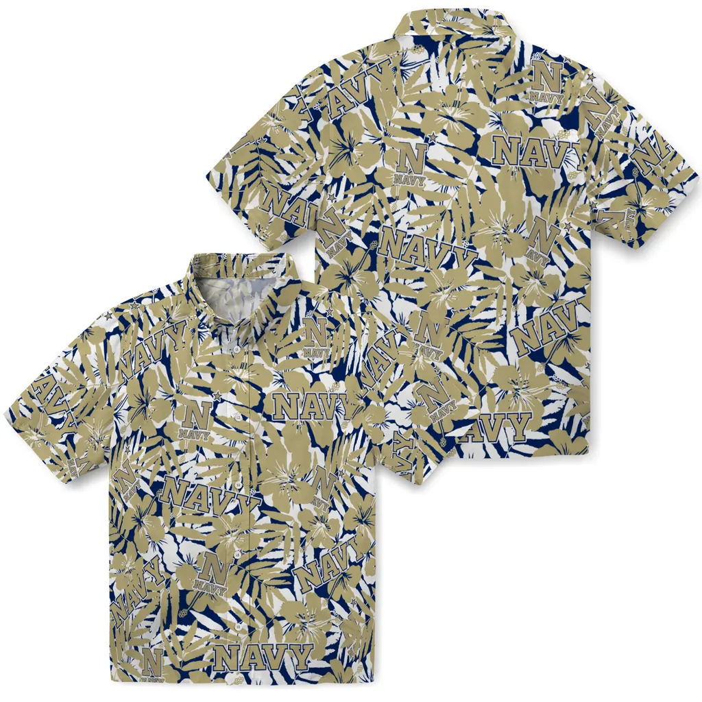 Navy Midshipmen Hawaiian Shirt - Hibiscus Overlay navy midshipmen hibiscus overlay hawaiian shirts high quality