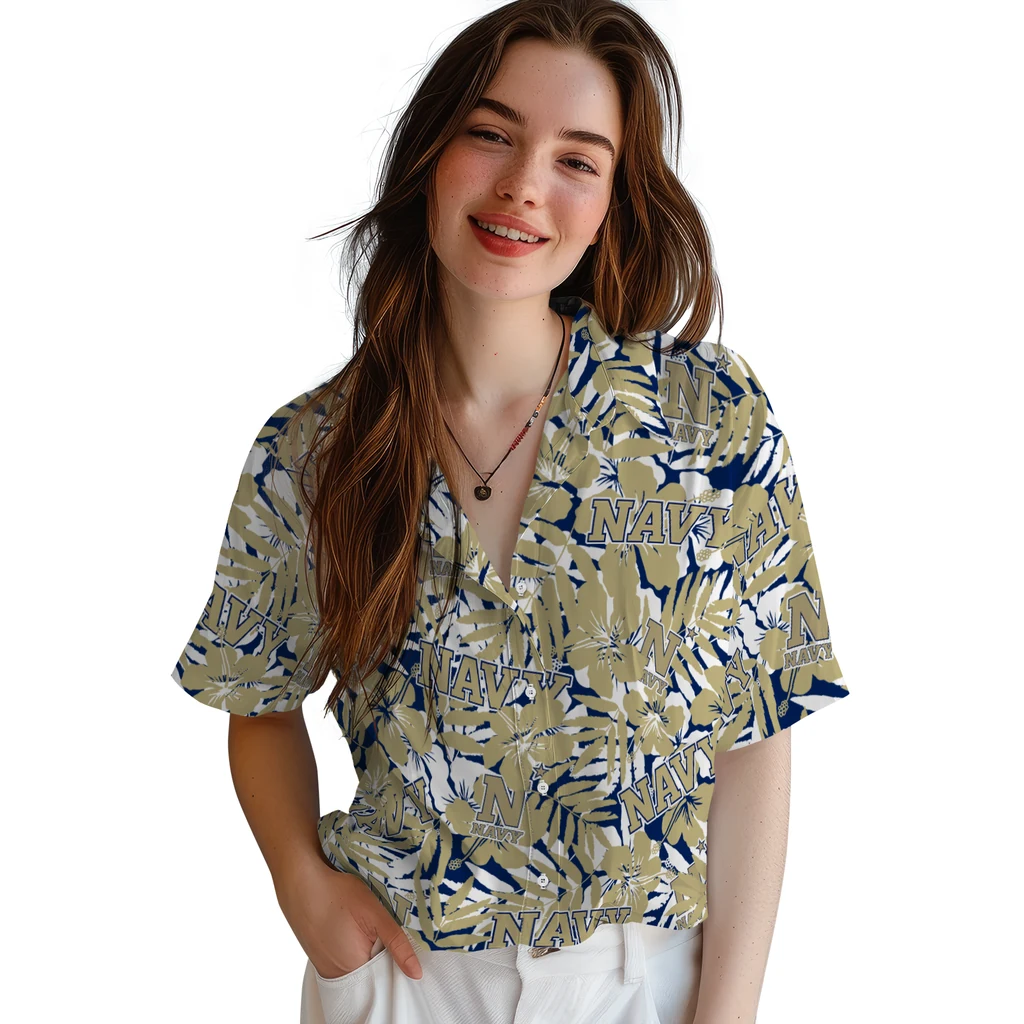 Navy Midshipmen Hawaiian Shirt - Hibiscus Overlay navy midshipmen hibiscus overlay hawaiian shirts latest model