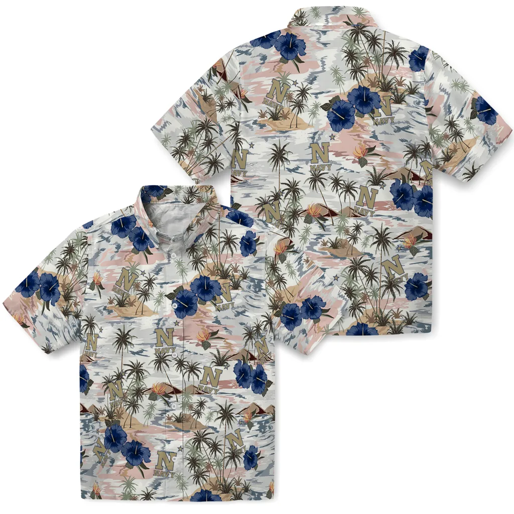 Navy Midshipmen Hawaiian Shirt - Hibiscus Seaside navy midshipmen hibiscus seaside white hawaiian shirts high quality