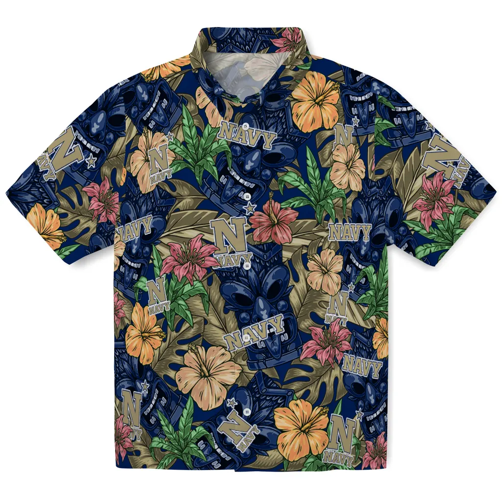 Navy Midshipmen Hawaiian Shirt - Hibiscus Tiki Jungle navy midshipmen tiki jungle blue hawaiian shirts best selling