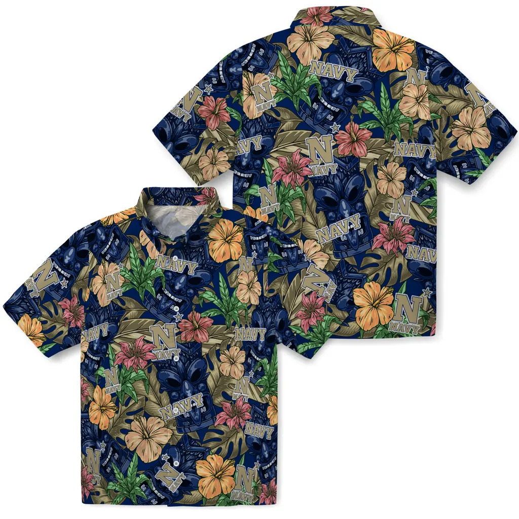 Navy Midshipmen Hawaiian Shirt - Hibiscus Tiki Jungle navy midshipmen tiki jungle blue hawaiian shirts high quality