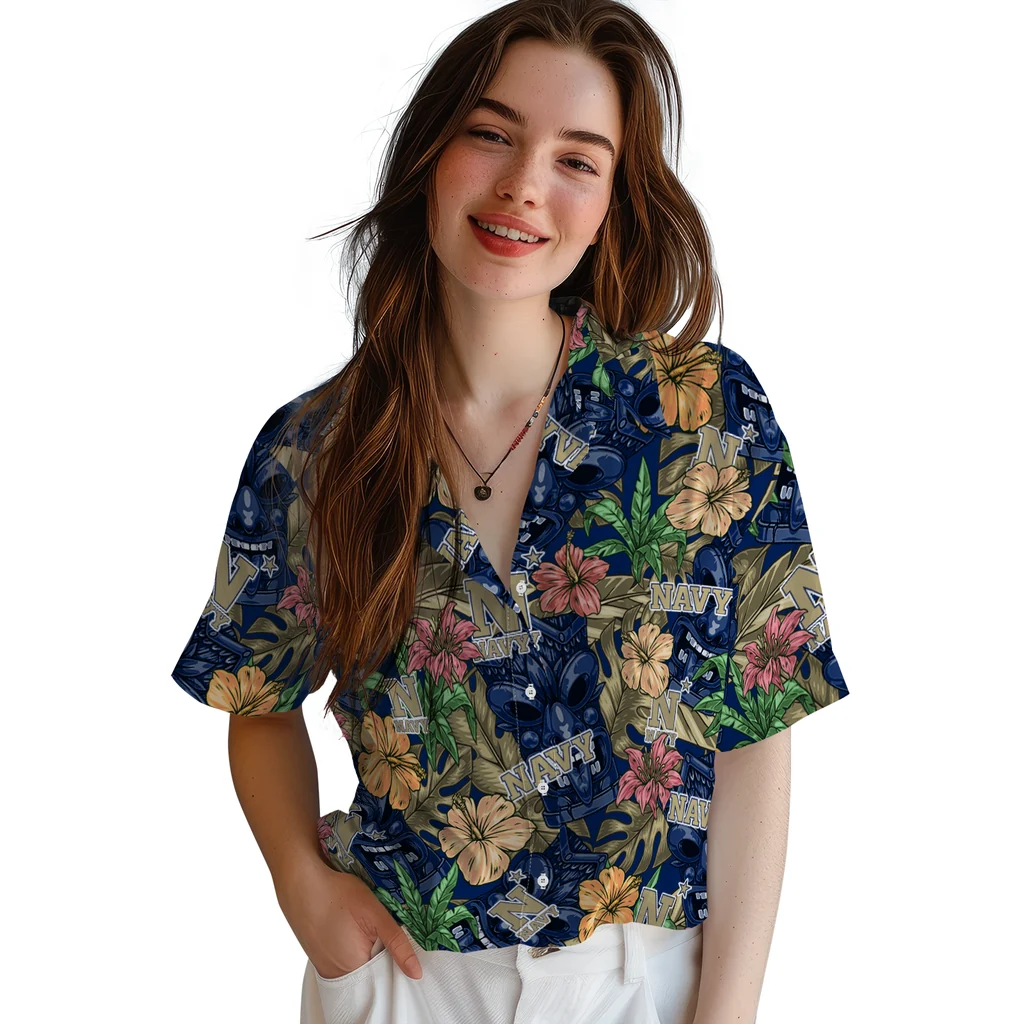 Navy Midshipmen Hawaiian Shirt - Hibiscus Tiki Jungle navy midshipmen tiki jungle blue hawaiian shirts latest model