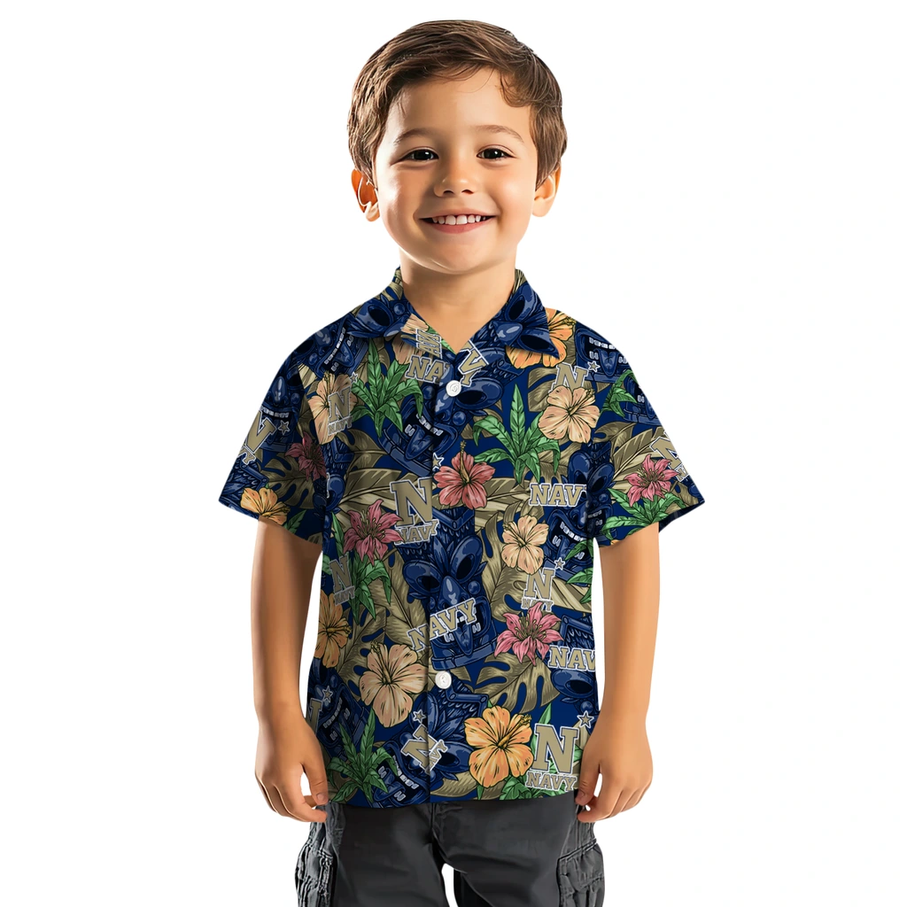 Navy Midshipmen Hawaiian Shirt - Hibiscus Tiki Jungle navy midshipmen tiki jungle blue hawaiian shirts top rated