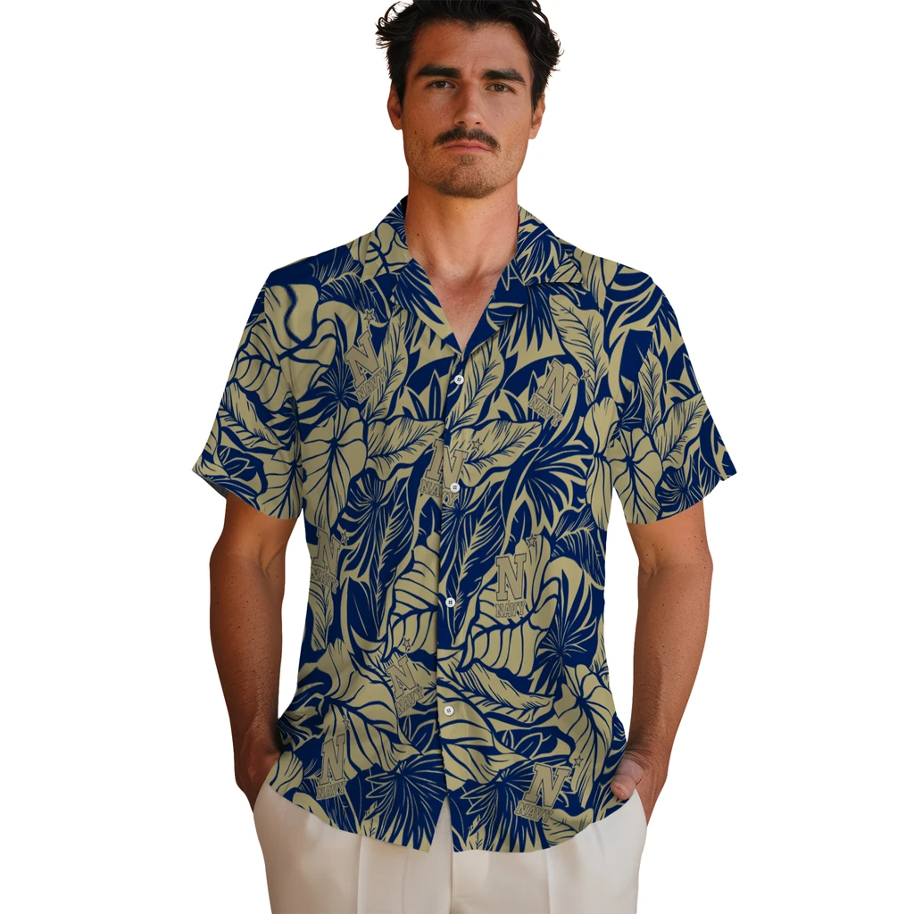 Navy Midshipmen Hawaiian Shirt - Monstera Layer navy midshipmen monstera layer blue hawaiian shirts fashion forward