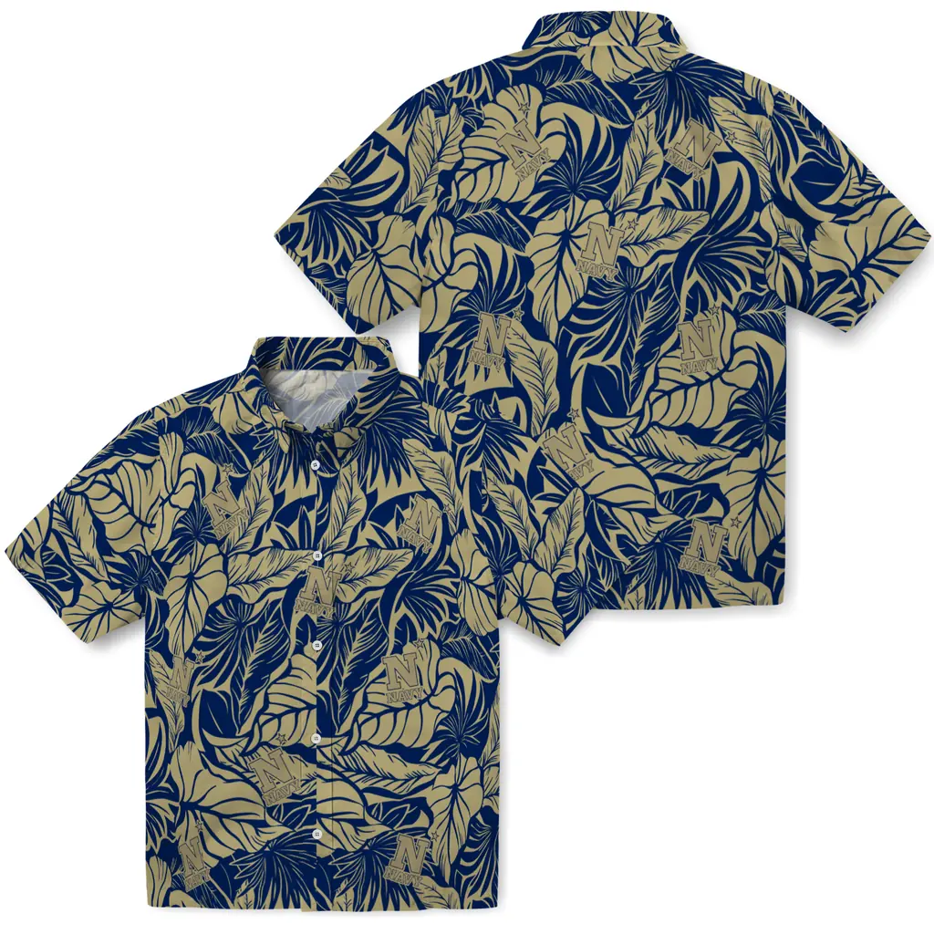 Navy Midshipmen Hawaiian Shirt - Monstera Layer navy midshipmen monstera layer blue hawaiian shirts high quality