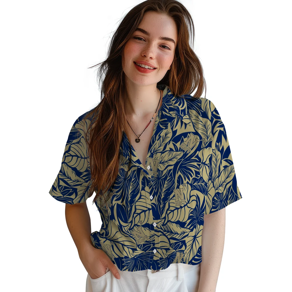 Navy Midshipmen Hawaiian Shirt - Monstera Layer navy midshipmen monstera layer blue hawaiian shirts latest model